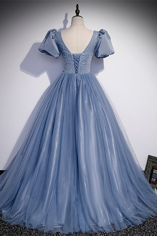 Beaded Scoop Short Sleeves A-Line Tulle And Sequin Prom Dress