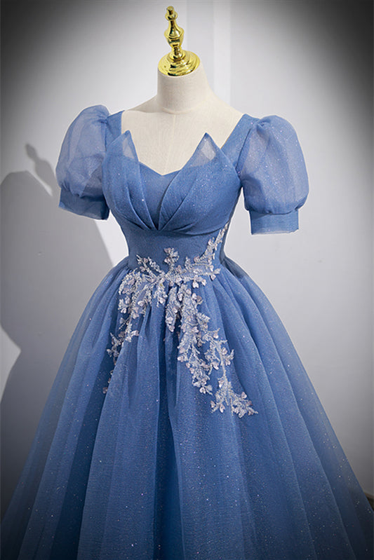 Glitter Tulle A-Line Empire Appliques Short Sleeves Party Prom Dress