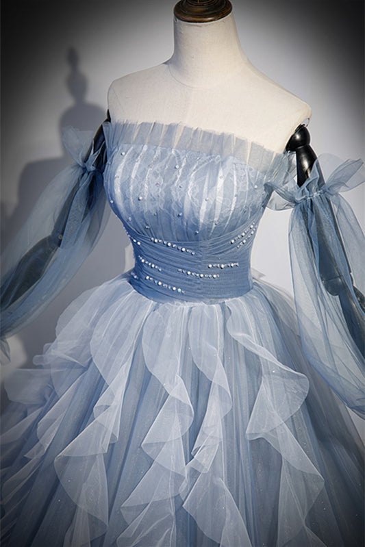 Long Sleeves Tulle A-Line Ruffle Long Party Prom Dress