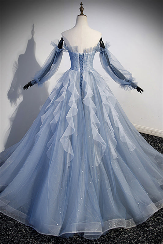 Long Sleeves Tulle A-Line Ruffle Long Party Prom Dress