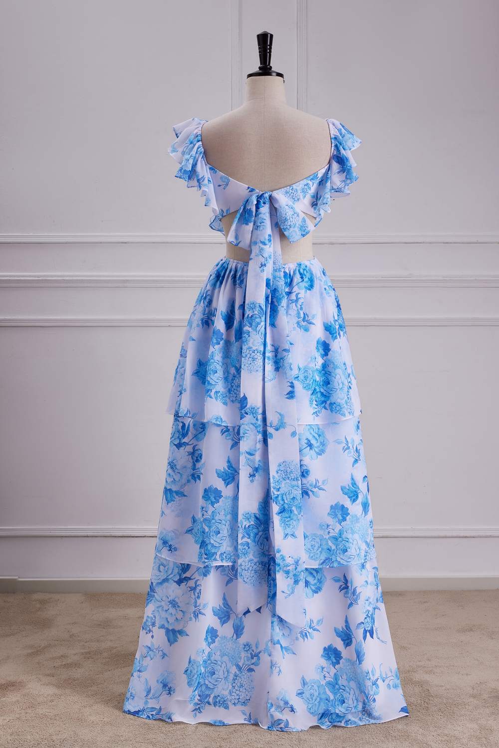 Blue Floral Flutter Sleeves A-line Layers Bow Tie Long Bridesmaid Dress