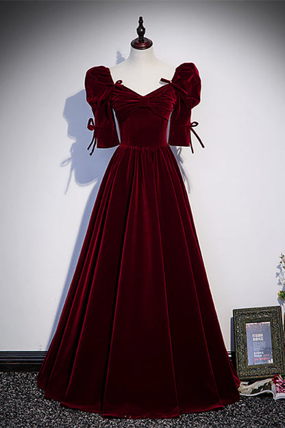 V-Neck Sleeves Velvet A-Line Empire Burgundy Prom Dress