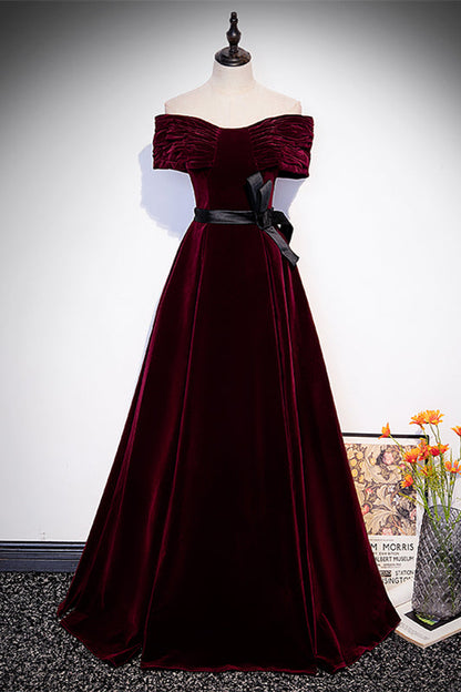 Velvet Burgundy A-Line Off-Shoulder Formal Prom Dress