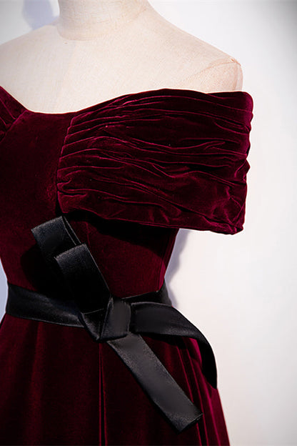 Velvet Burgundy A-Line Off-Shoulder Formal Prom Dress