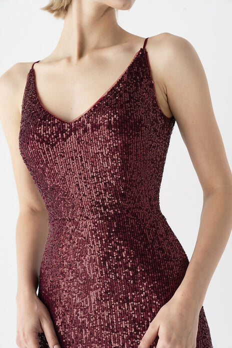 Sparkly V-Neck Spaghetti Straps Midi Sequin Party Prom Dress