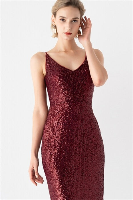 Sparkly V-Neck Spaghetti Straps Midi Sequin Party Prom Dress