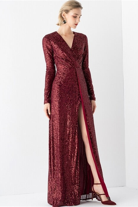 Sparkly V-Neck Long Sleeves Fully Sequin Party Prom Dress