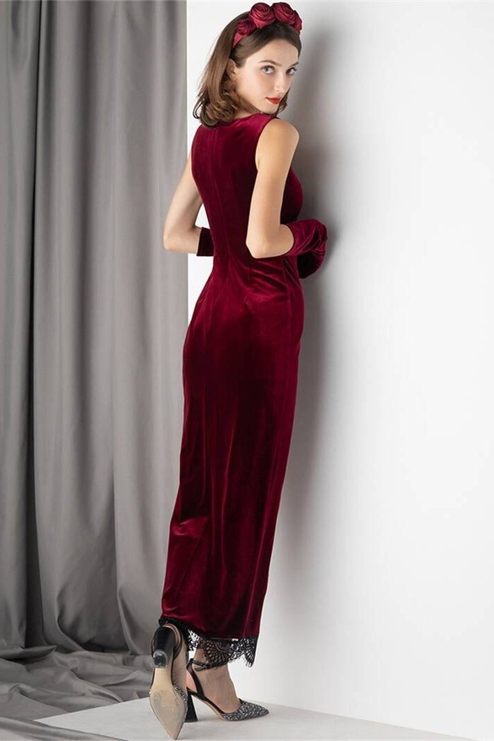 Burgundy Velvet Dress with Slit