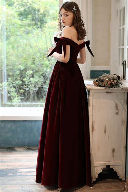 Off-Shoulder Sleeveless A-Line Empire Velvet Prom Dress