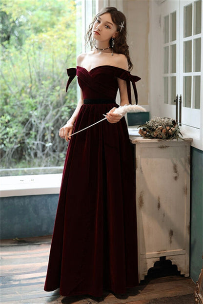 Off-Shoulder Sleeveless A-Line Empire Velvet Prom Dress