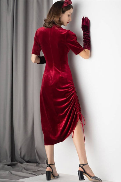 Burgundy Velvet Tight Midi Dress