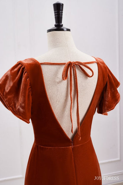 Burnt Orange Velvet Bridesmaid Dress with Flutter Sleeves