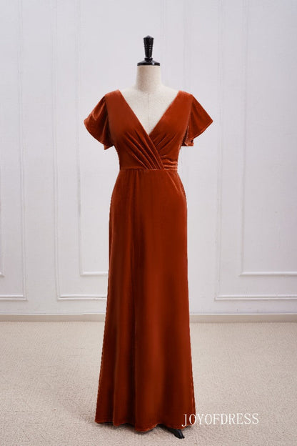 Burnt Orange Velvet Bridesmaid Dress with Flutter Sleeves