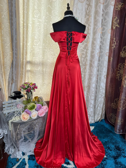 Fashion Red Off The Shoulder Satin Mermaid Long Party Dress Formal Wedding Guest Dress SP1885