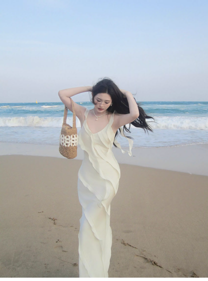 Classy V Neck White Satin Ruffles Mermaid Long Party Dress Formal Wedding Guest Dress SP1974