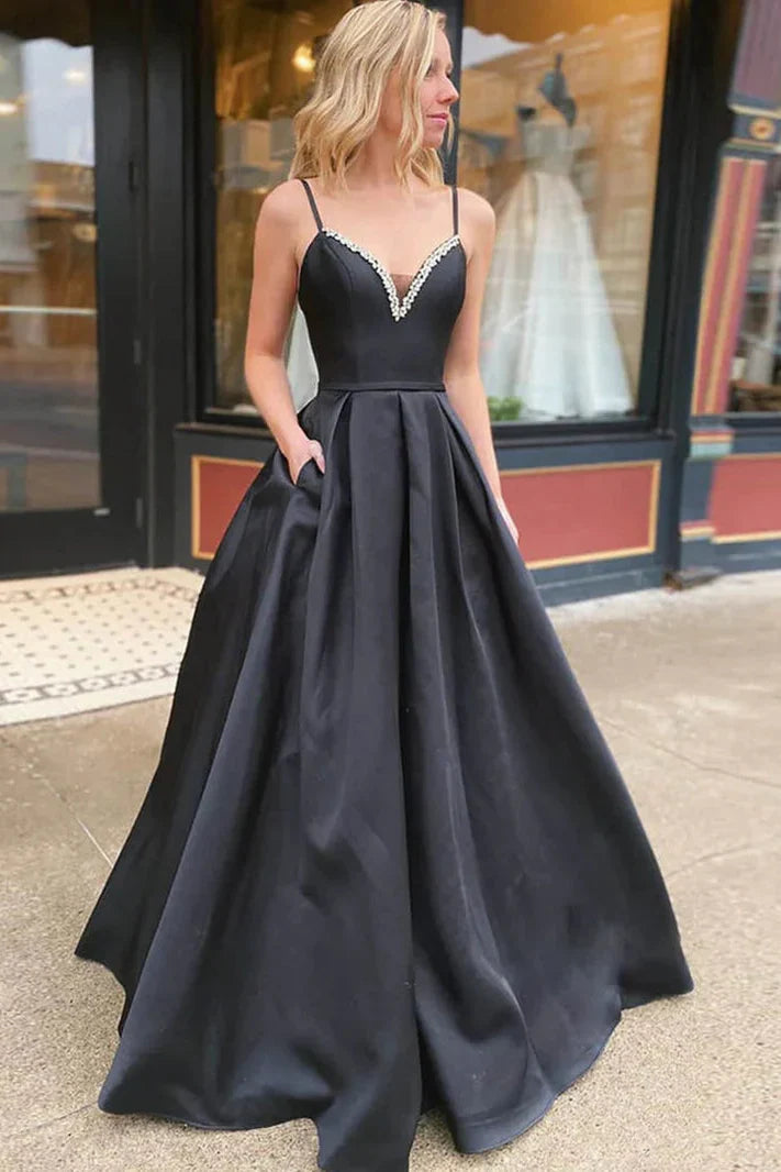 Casual Satin A-Line V-Neck Spaghetti Straps Lace Up Prom Dress