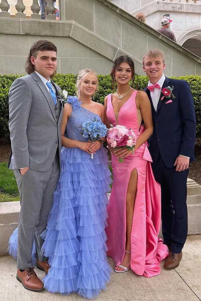 Casual Satin Fitted V-Neck Sleeveless With Train Prom Dress