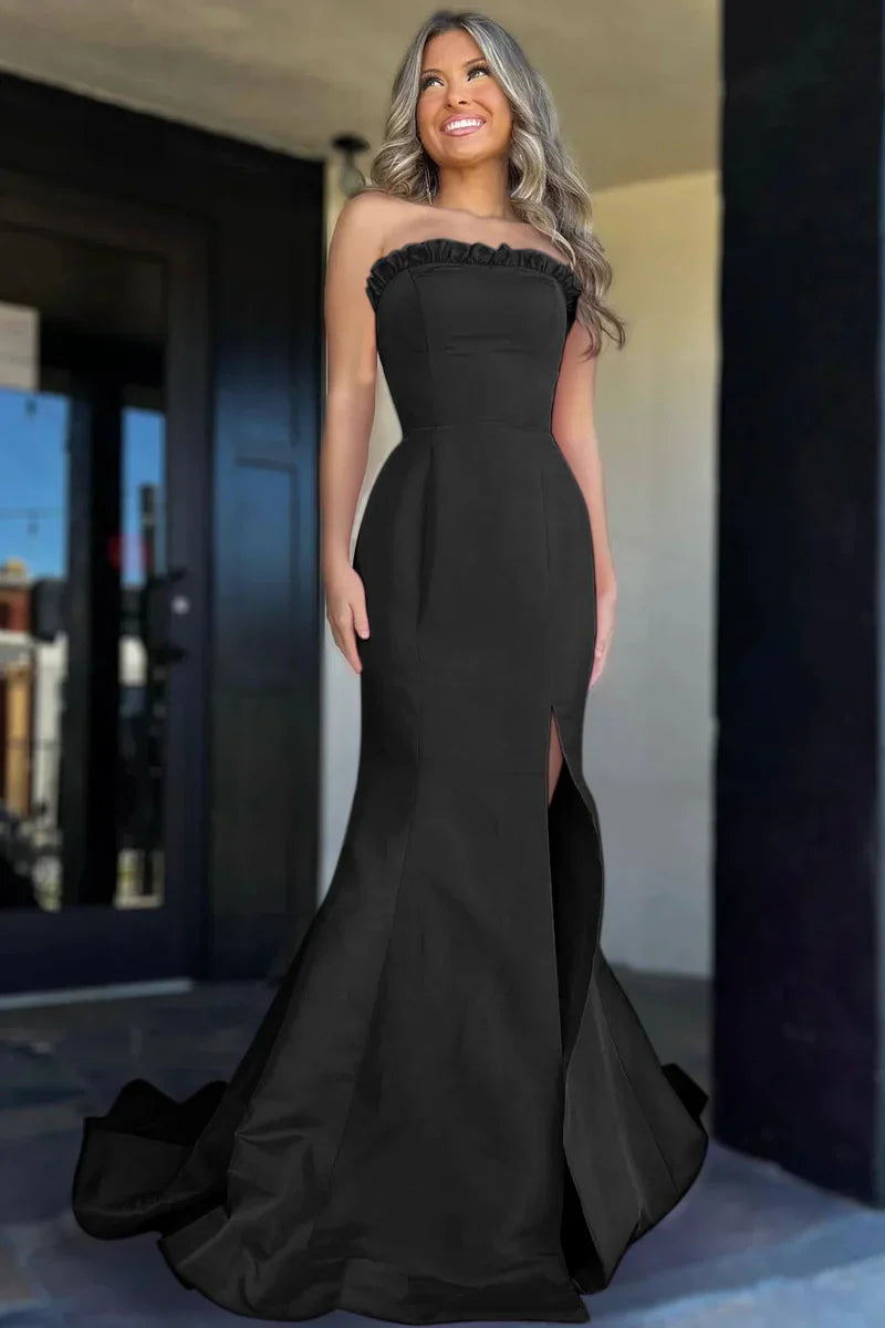 Ruffle Strapless Satin Mermaid Party Prom Dress With Train