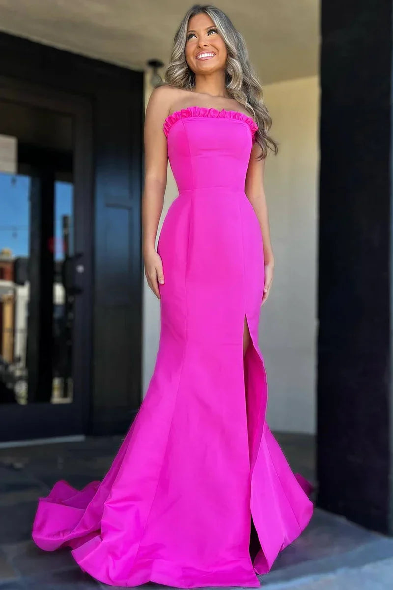 Ruffle Strapless Satin Mermaid Party Prom Dress With Train