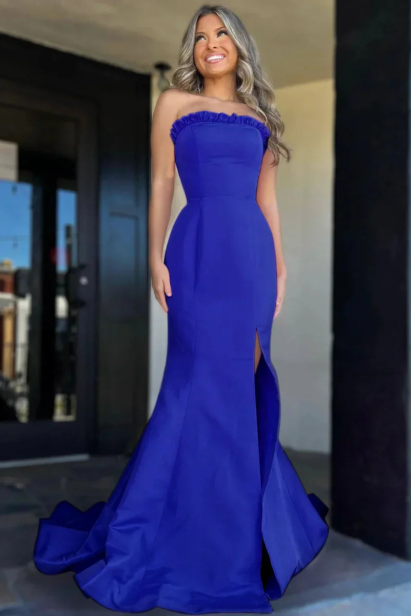 Ruffle Strapless Satin Mermaid Party Prom Dress With Train