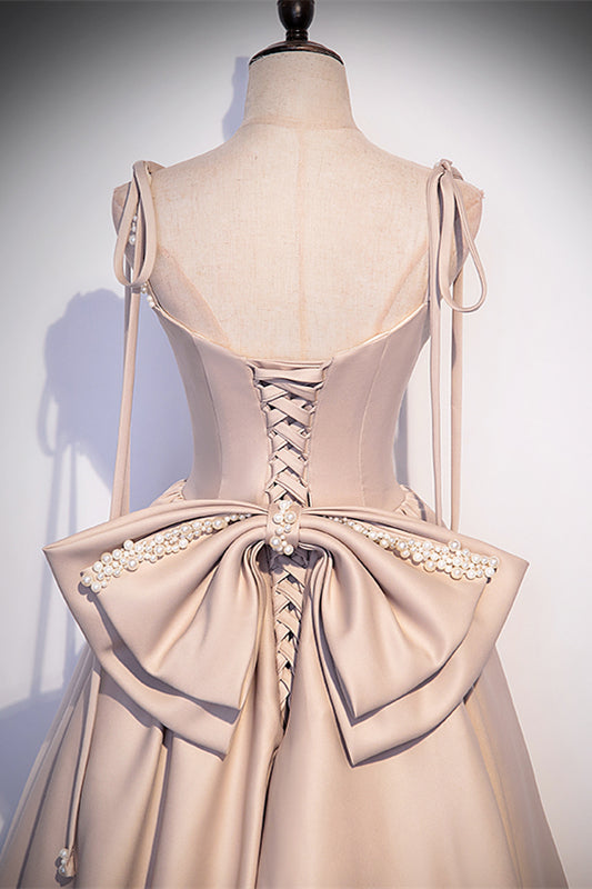 Square Straps A-Line Lace-Up Satin Prom Dress With Bow