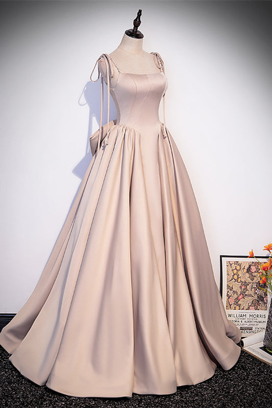 Square Straps A-Line Lace-Up Satin Prom Dress With Bow