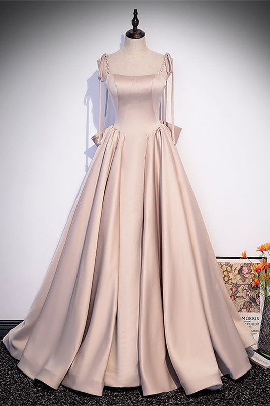Square Straps A-Line Lace-Up Satin Prom Dress With Bow