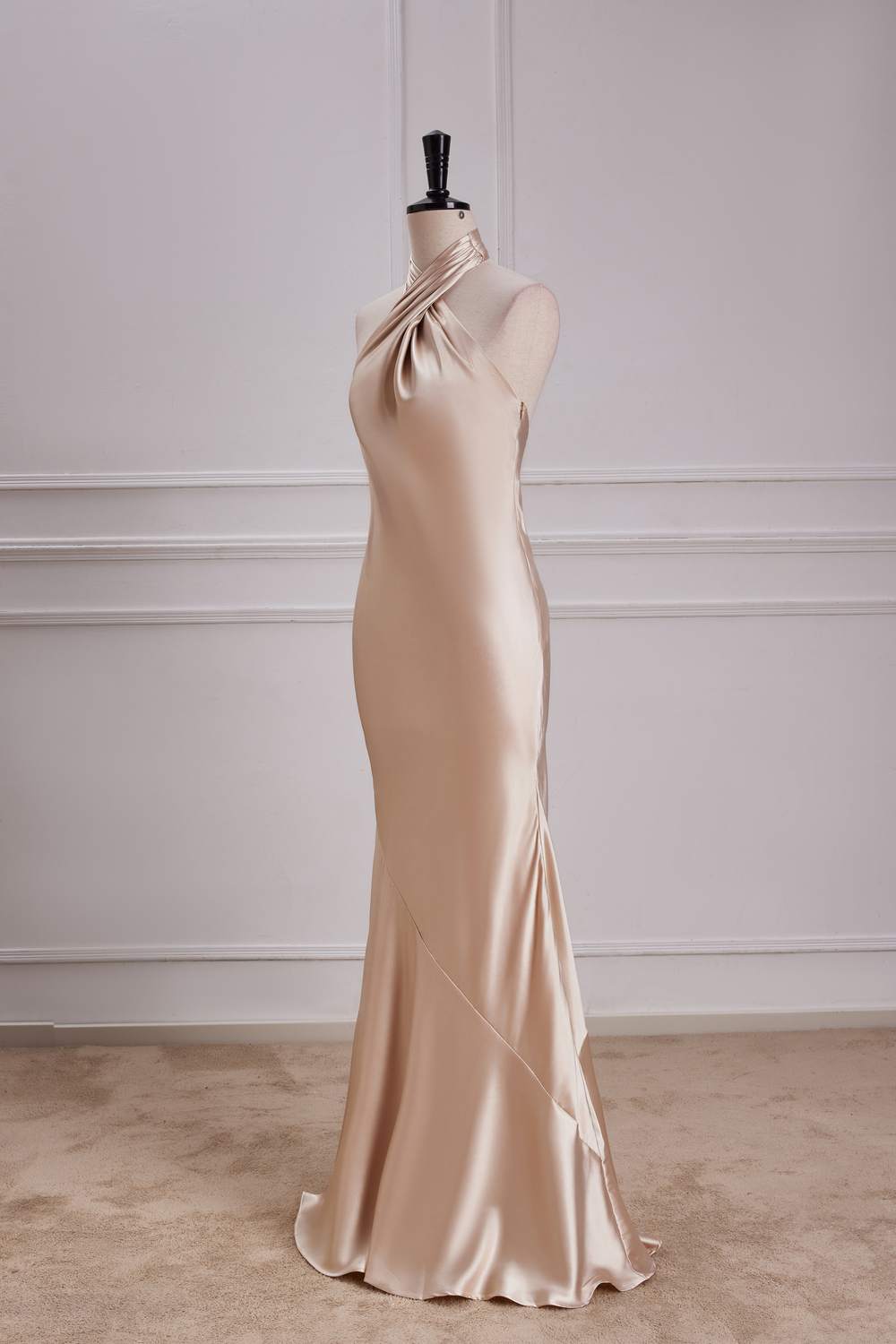 Champagne Crossed Halter Mermaid Ruffled Satin Long Bridesmaid Dress