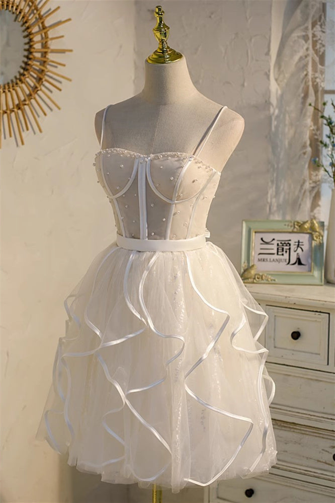 Champagne Spaghetti Straps Beading Tulle Princess Homecoming Dresses