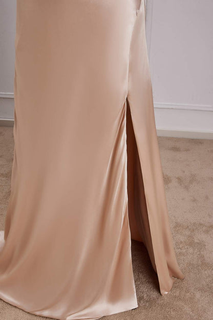 Champagne V Neck Spaghetti Straps A-line Long Prom Dress with Slit