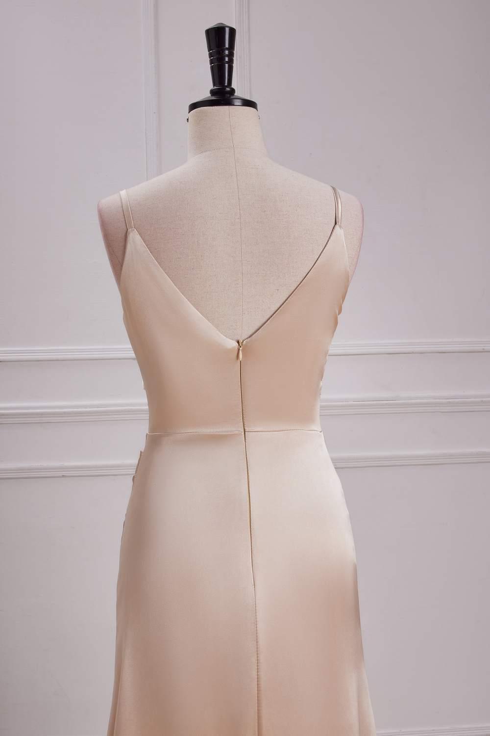Champagne V Neck Spaghetti Straps A-line Long Prom Dress with Slit