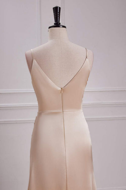 Champagne V Neck Spaghetti Straps A-line Long Prom Dress with Slit