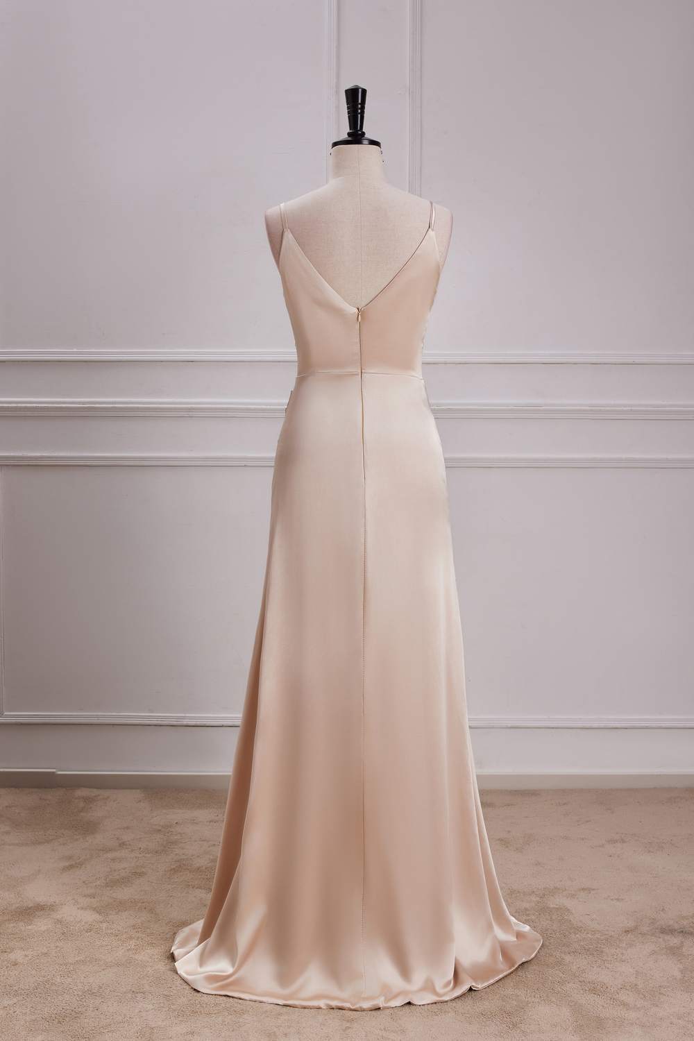 Champagne V Neck Spaghetti Straps A-line Long Prom Dress with Slit