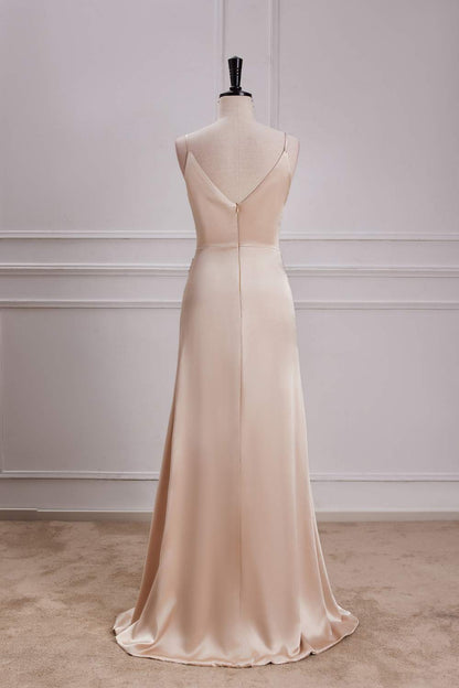 Champagne V Neck Spaghetti Straps A-line Long Prom Dress with Slit