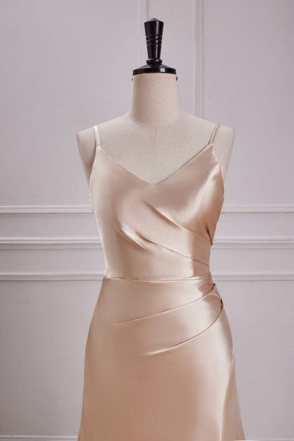 Champagne V Neck Spaghetti Straps A-line Long Prom Dress with Slit