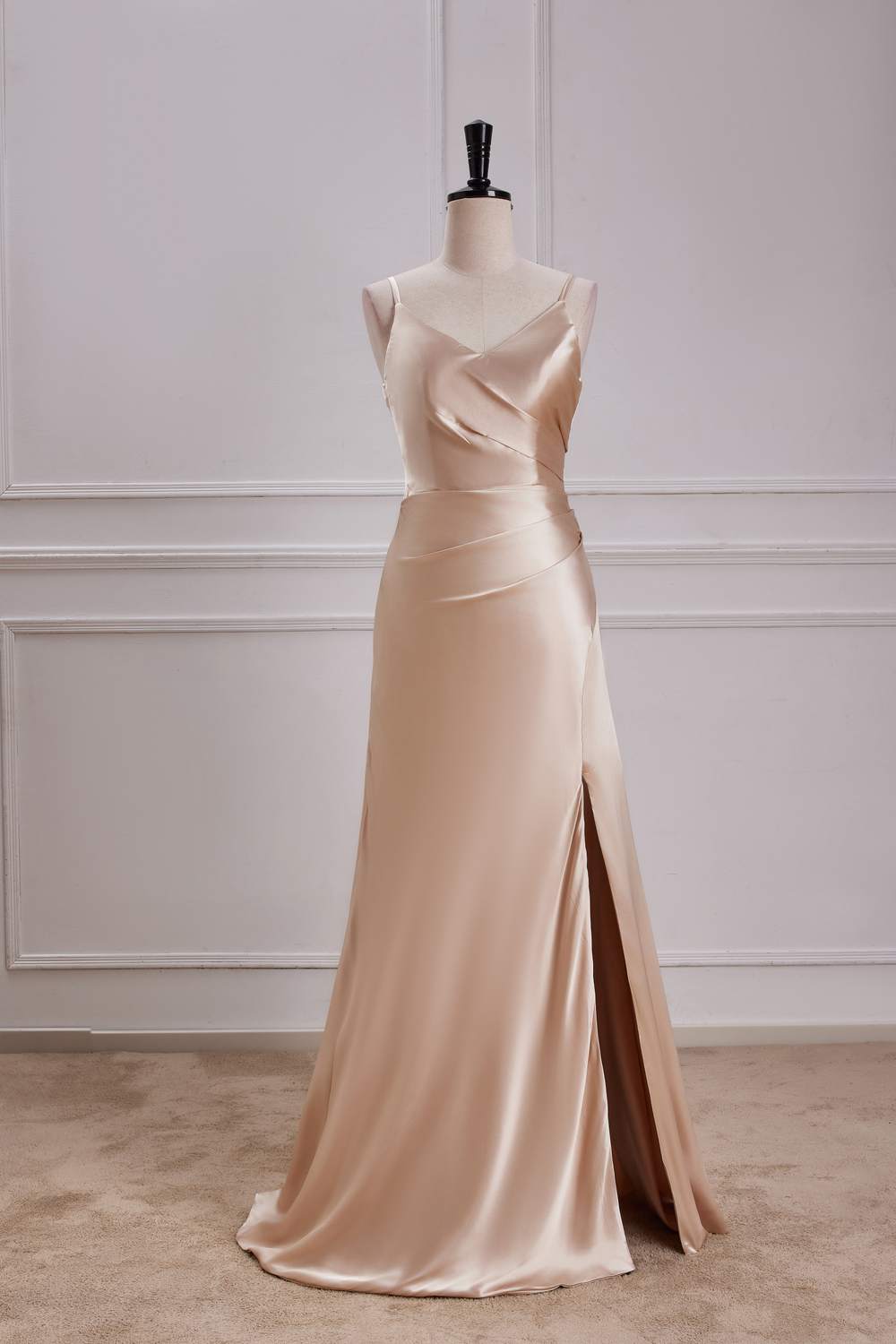 Champagne V Neck Spaghetti Straps A-line Long Prom Dress with Slit