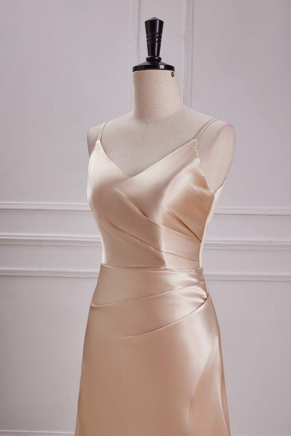 Champagne V Neck Spaghetti Straps A-line Long Prom Dress with Slit