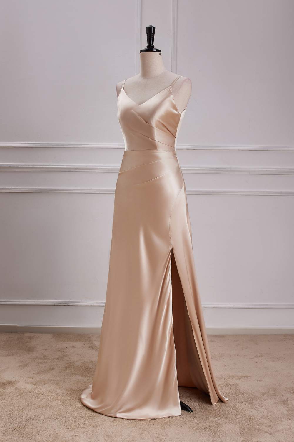 Champagne V Neck Spaghetti Straps A-line Long Prom Dress with Slit