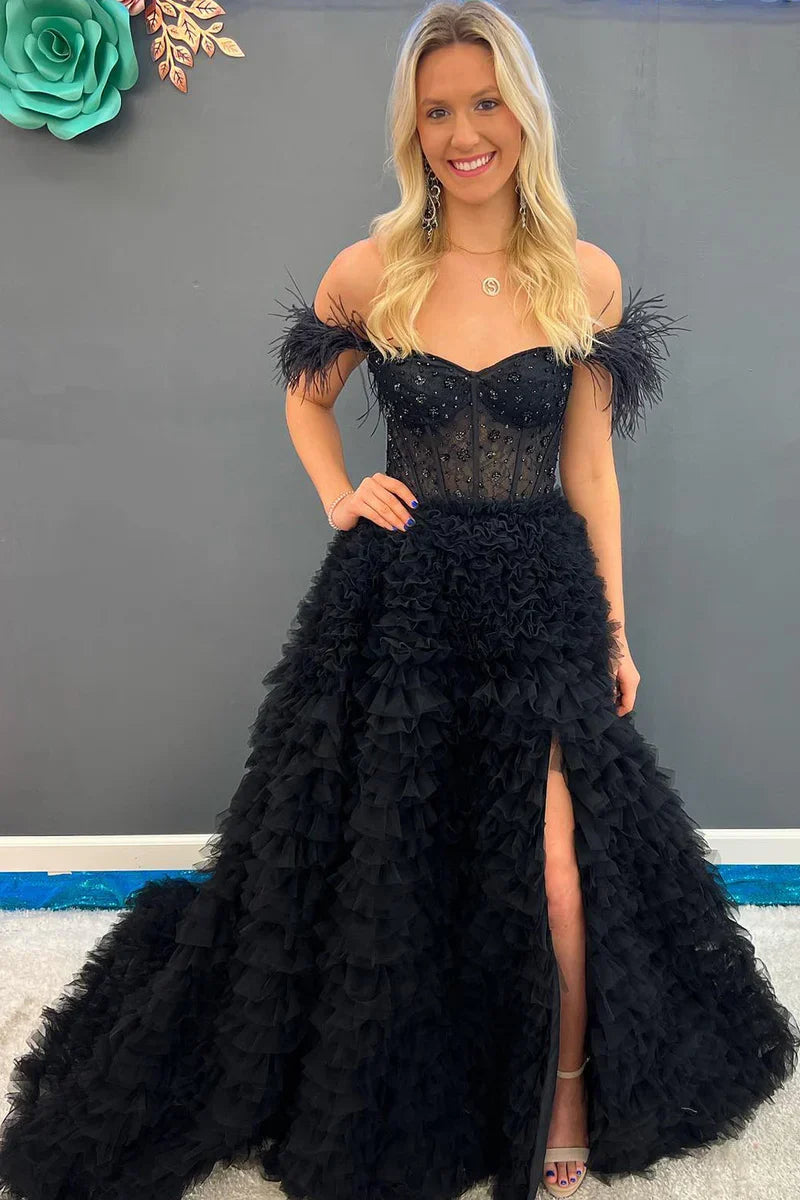 Sweetheart Straps Tulle A-Line Ruffle Party Prom Dress With Slit