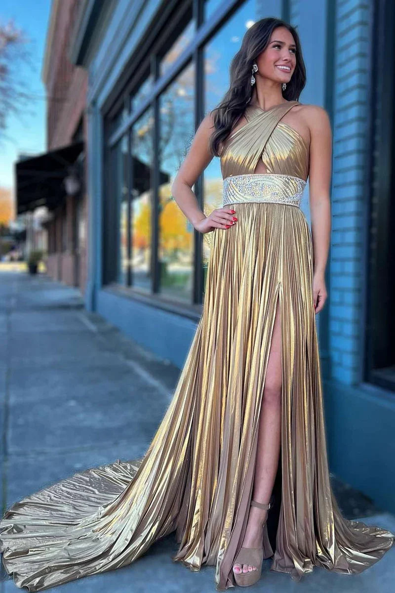 Chic Satin A-Line Halter Empire With Train Prom Dress