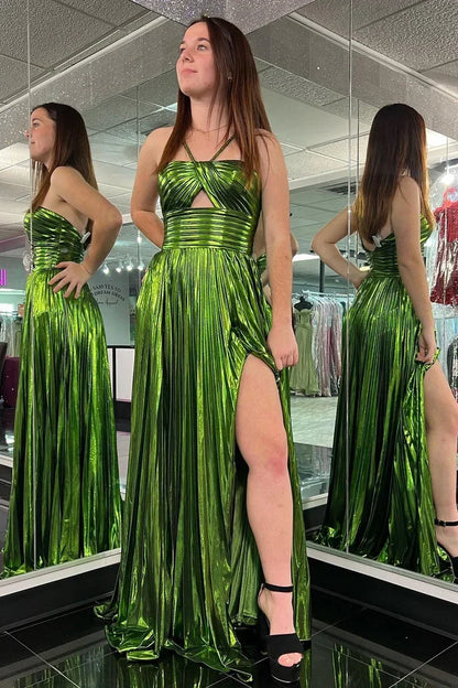 Satin A-Line Halter Pleated Long Party Prom Dress With Leg Slit