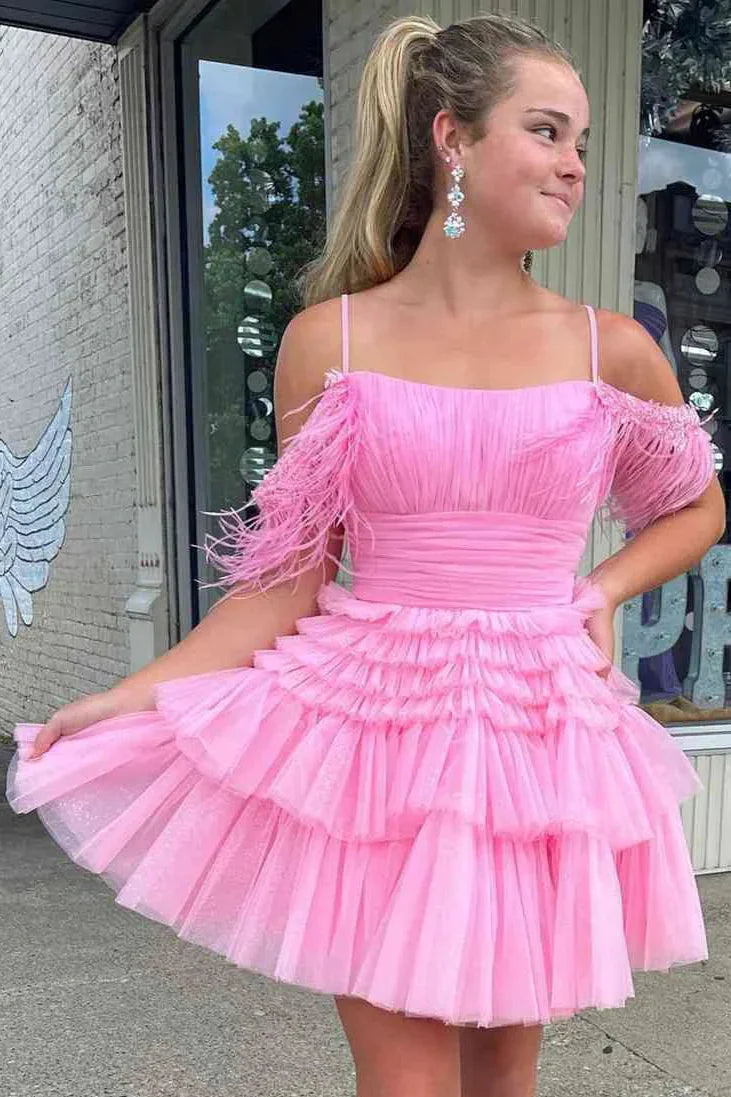 Chic Tulle A-Line Off-Shoulder Beaded Feathers Homecoming Dress