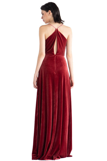 Cowl Neck Burgundy Velvet Long Dress