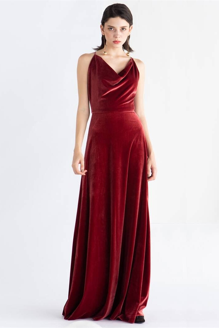 Cowl Neck Burgundy Velvet Long Dress