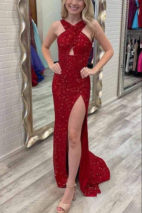 CrissCoss Neck Mermaid Sequins Party Prom Dress With Slit