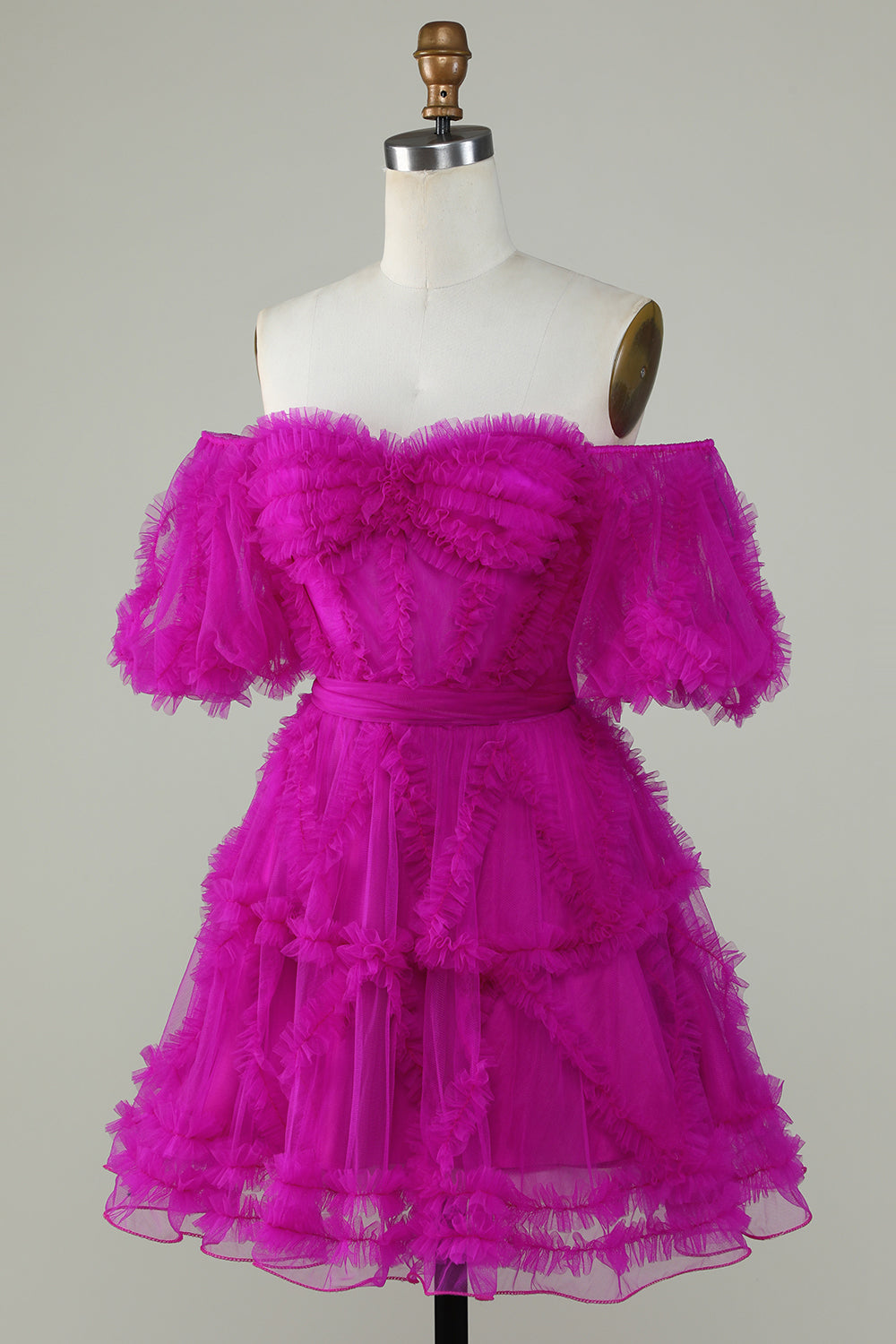 Blush Pink A-line Off-the-Shoulder Ruffled Puff Sleeves Homecoming Dress
