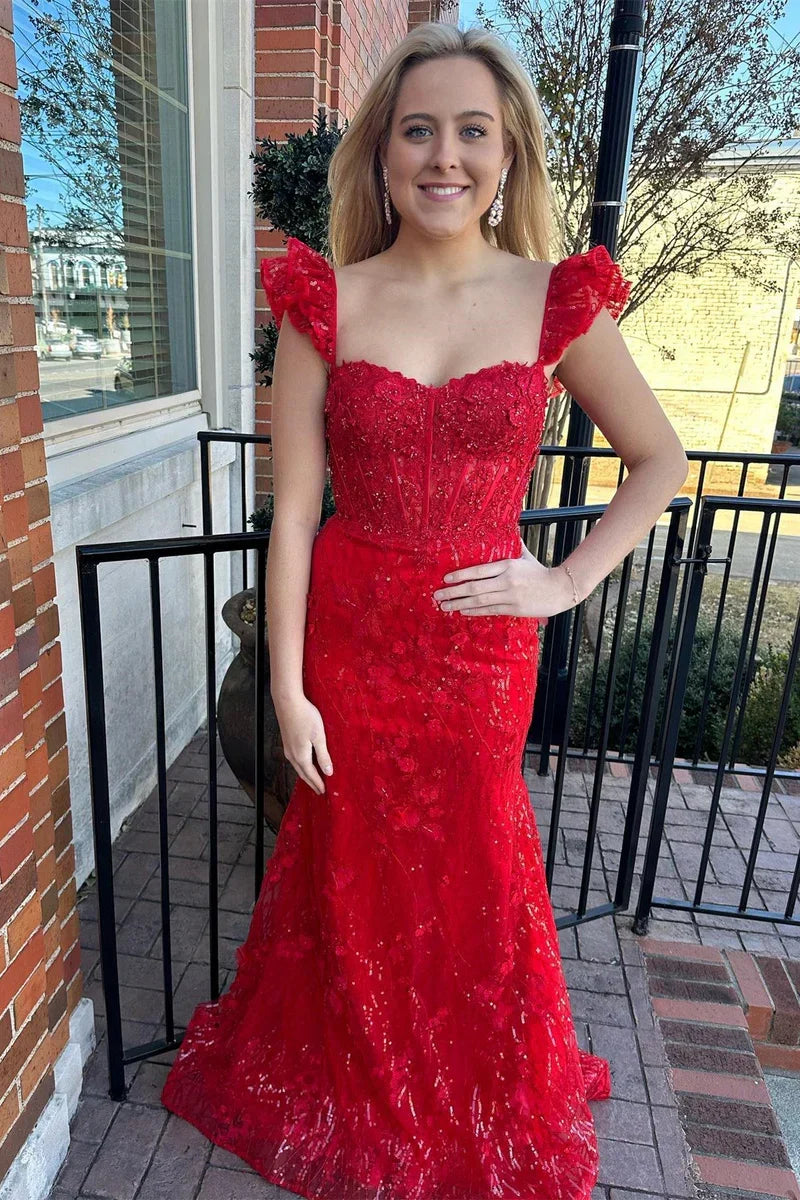 Cute Lace Appliques Sweetheart Spaghetti Straps Prom Dress