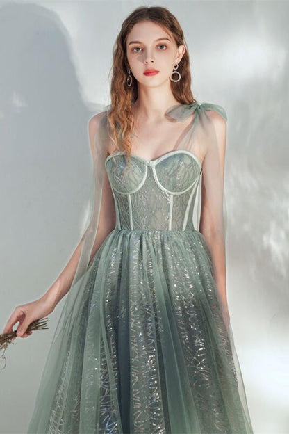 Sweetheart Straps Tulle A-Line Empire Sparkly Prom Dress