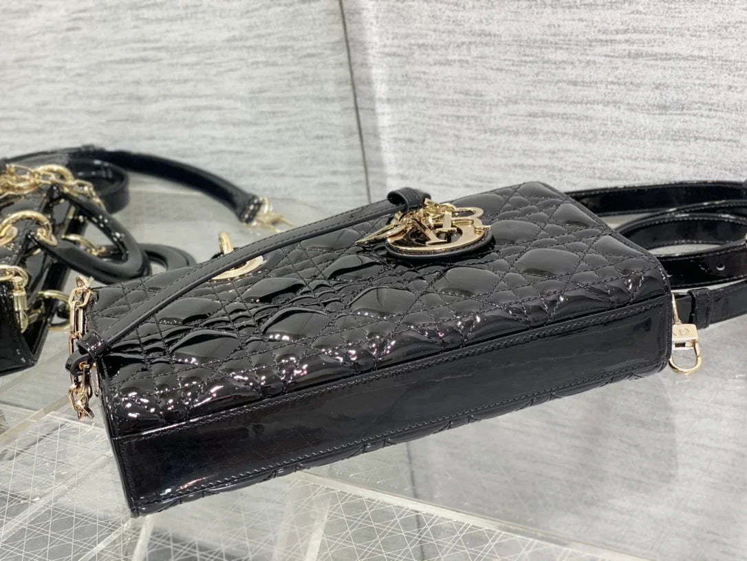 Dior Lady D-Joy Medium Patent Black Leather Bag - 26x6x14cm