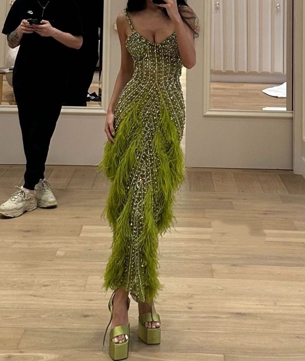 Unique Spaghetti Straps V Neck Green Sequin Beaded Mermaid Long Evening Dress Birthday Prom Dress SP1487